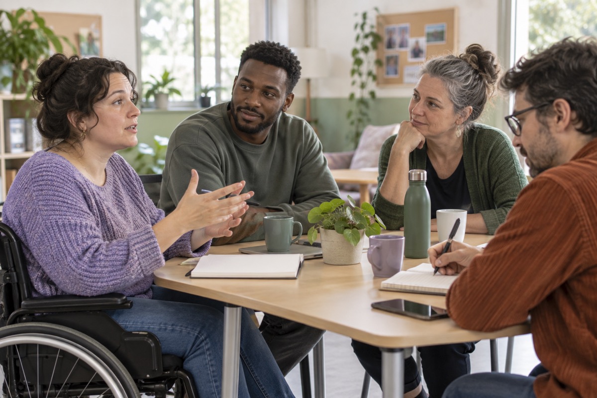 Scène fictive : des adultes échangent autour d’une table, dont une participante en fauteuil roulant