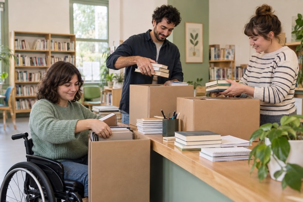 Scène fictive : des bénévoles trient des livres et des fournitures dans une bibliothèque.